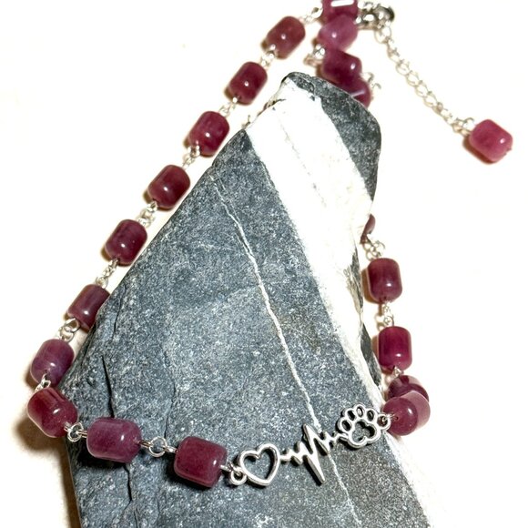 Genuine Magenta Chalcedony Short Necklace, Gemstone & Paw Print Heart Beat Charm - Picture 4 of 14